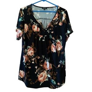FOLUNSI Women's 1X Floral Print V-Neck Short Sleeve‎ Casual Top Blouse